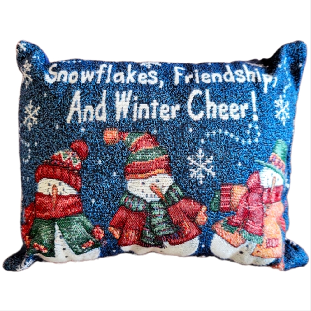 Vtg Snowflakes Friendship & Winter Cheer Throw Pillow Embroidery Snowman